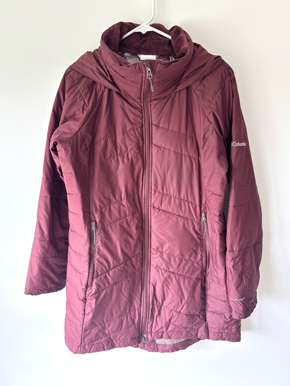 Columbia Long Line Maroon Puffer Hooded Winter Jacket Outdoor Insulated